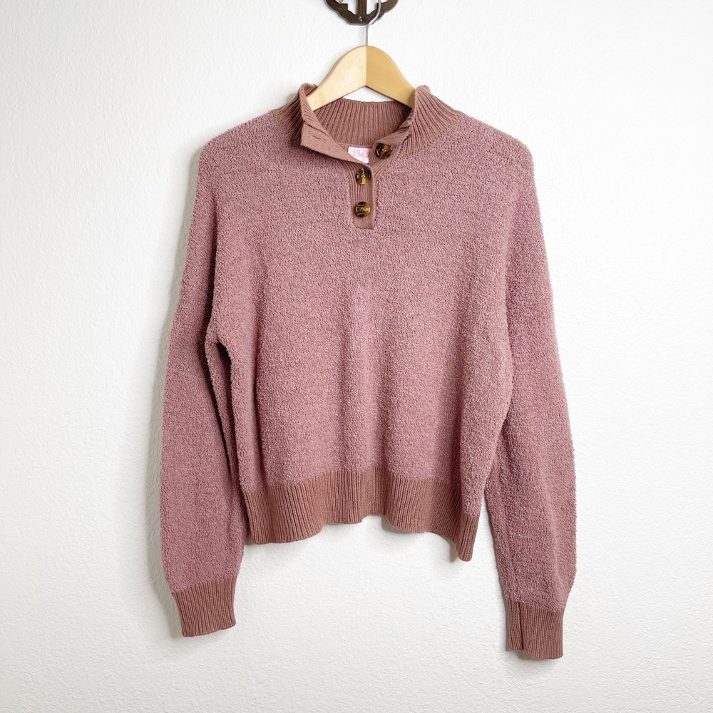 Pink Lily Mauve Popcorn Knit Mock Neck Henley Sweater Small Womens